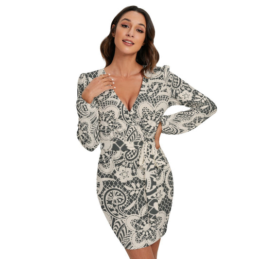 All-Over Print Women's Long Sleeve Dress With Waist Belt