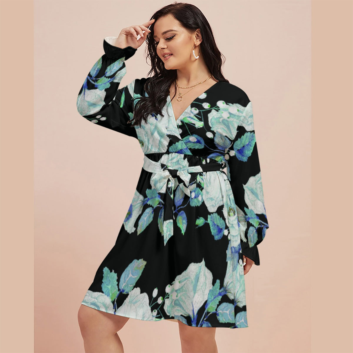 All-Over Print Women's V-neck Dress With Waistband(Plus Size)