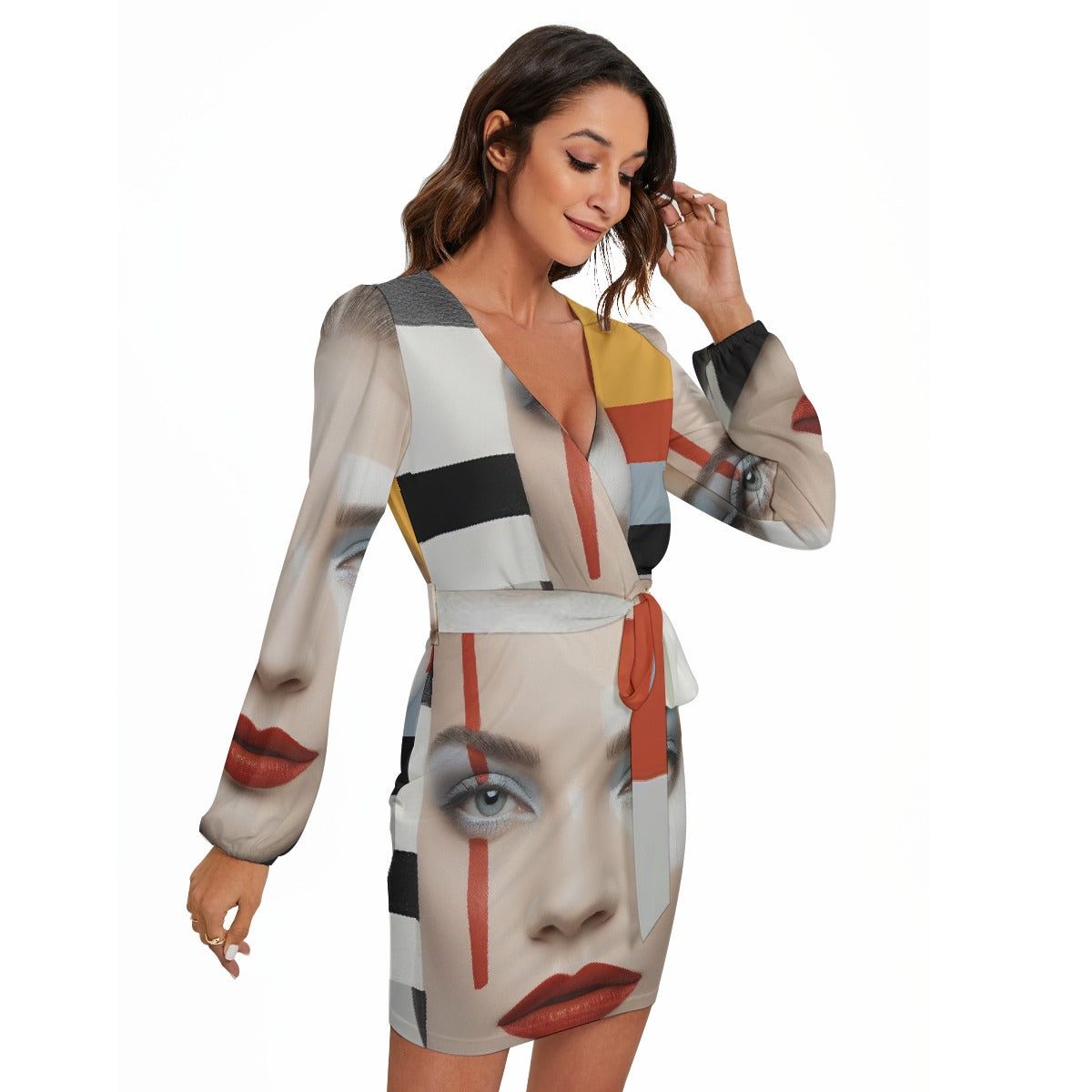 All-Over Print Women's Long Sleeve Dress With Waist Belt