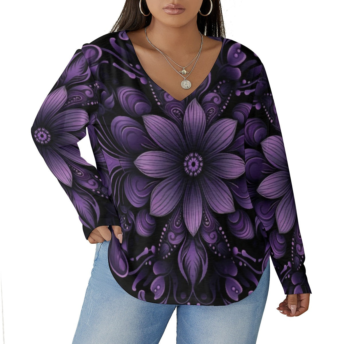 All-Over Print Women's V-neck T-shirt With Curved Hem(Plus Size)