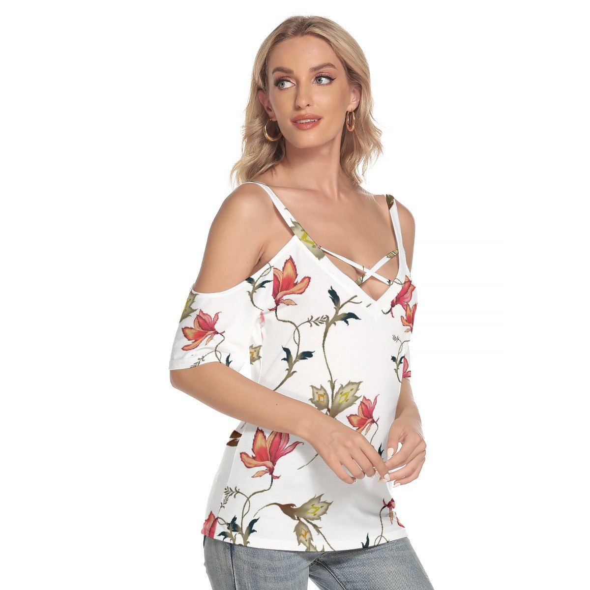 All-Over Print Women's Cold Shoulder T-shirt With Criss Cross Strips