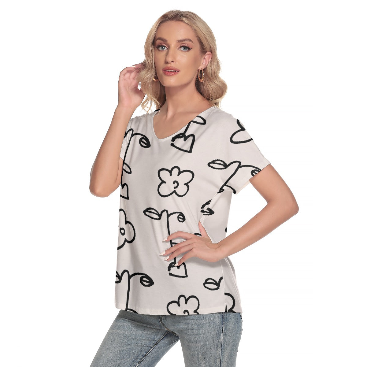 All-Over Print Women's Loose V-neck Short Sleeve T-shirt