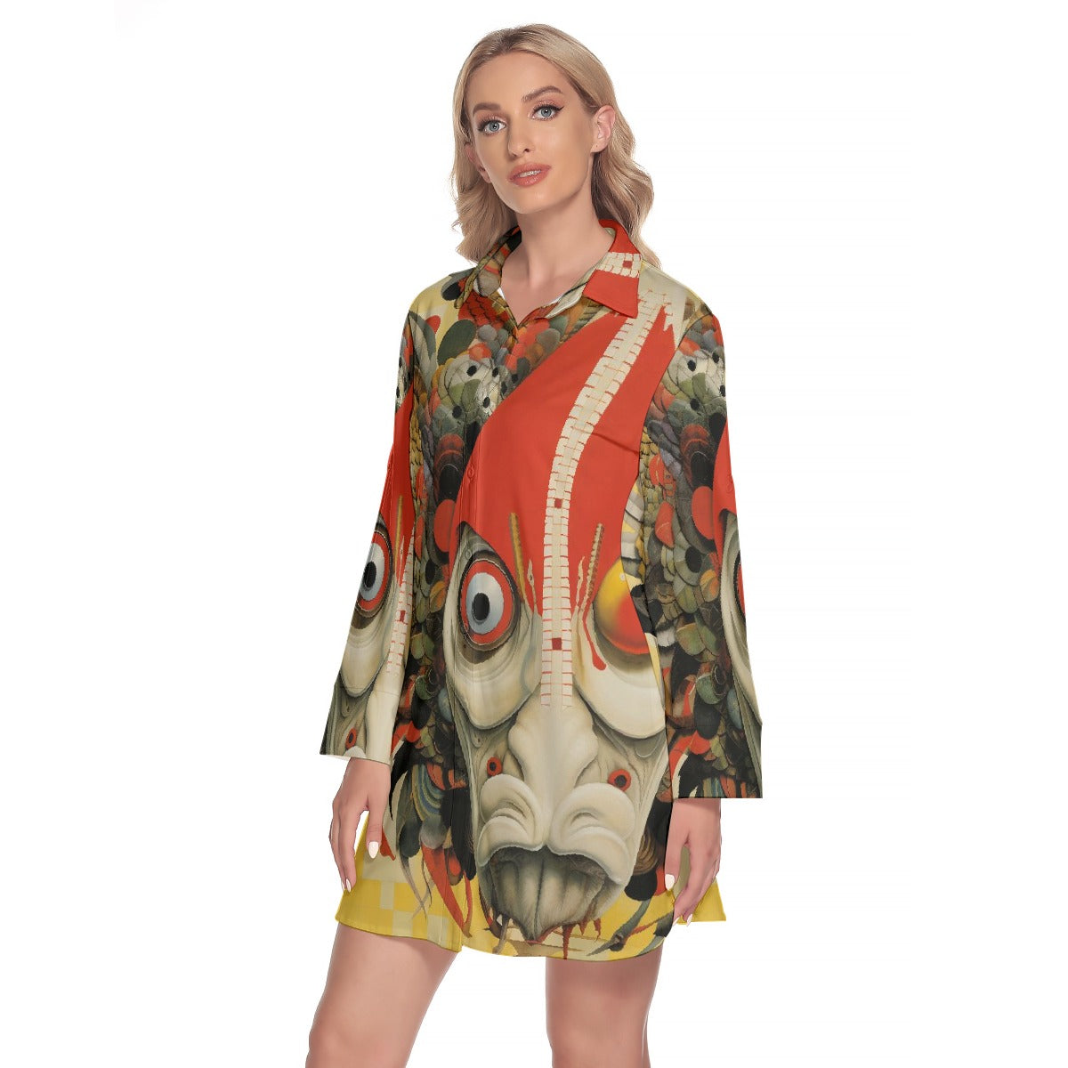 All-Over Print Women's Lapel Shirt Dress With Long Sleeve