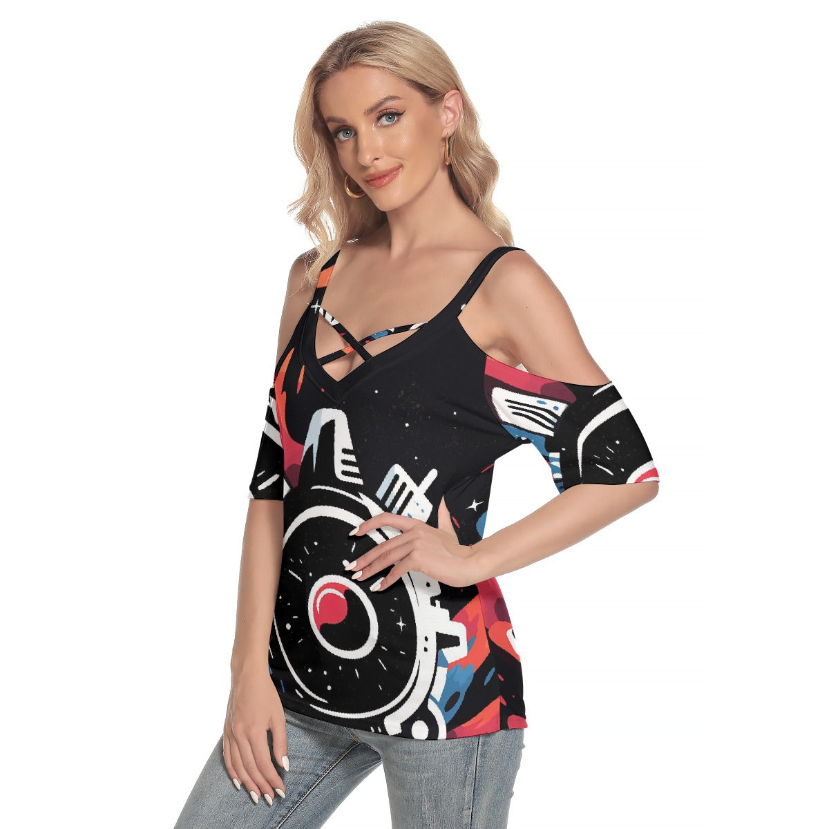 All-Over Print Women's Cold Shoulder T-shirt With Criss Cross Strips