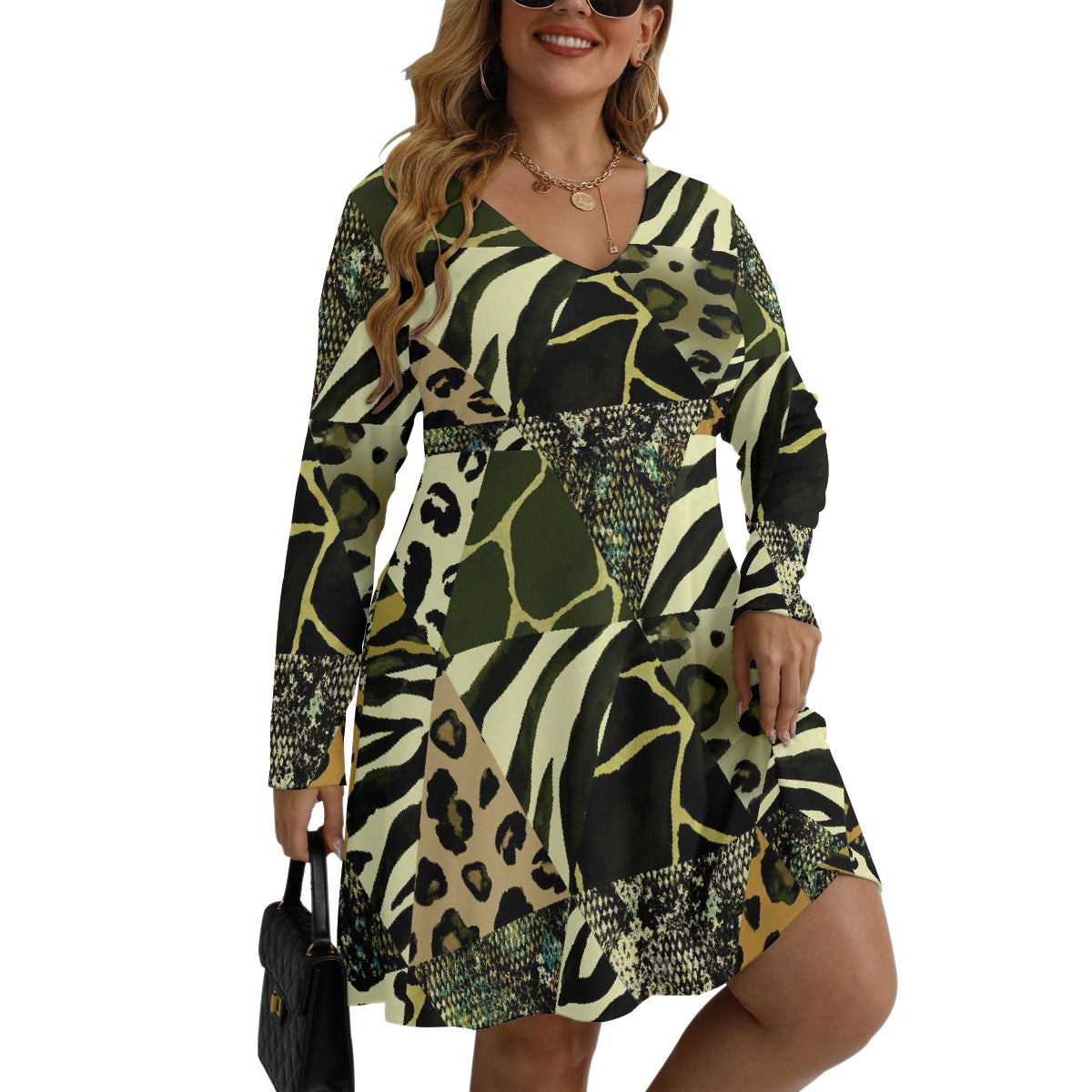 All-Over Print Women's V-neck Long Sleeve Dress(Plus Size)