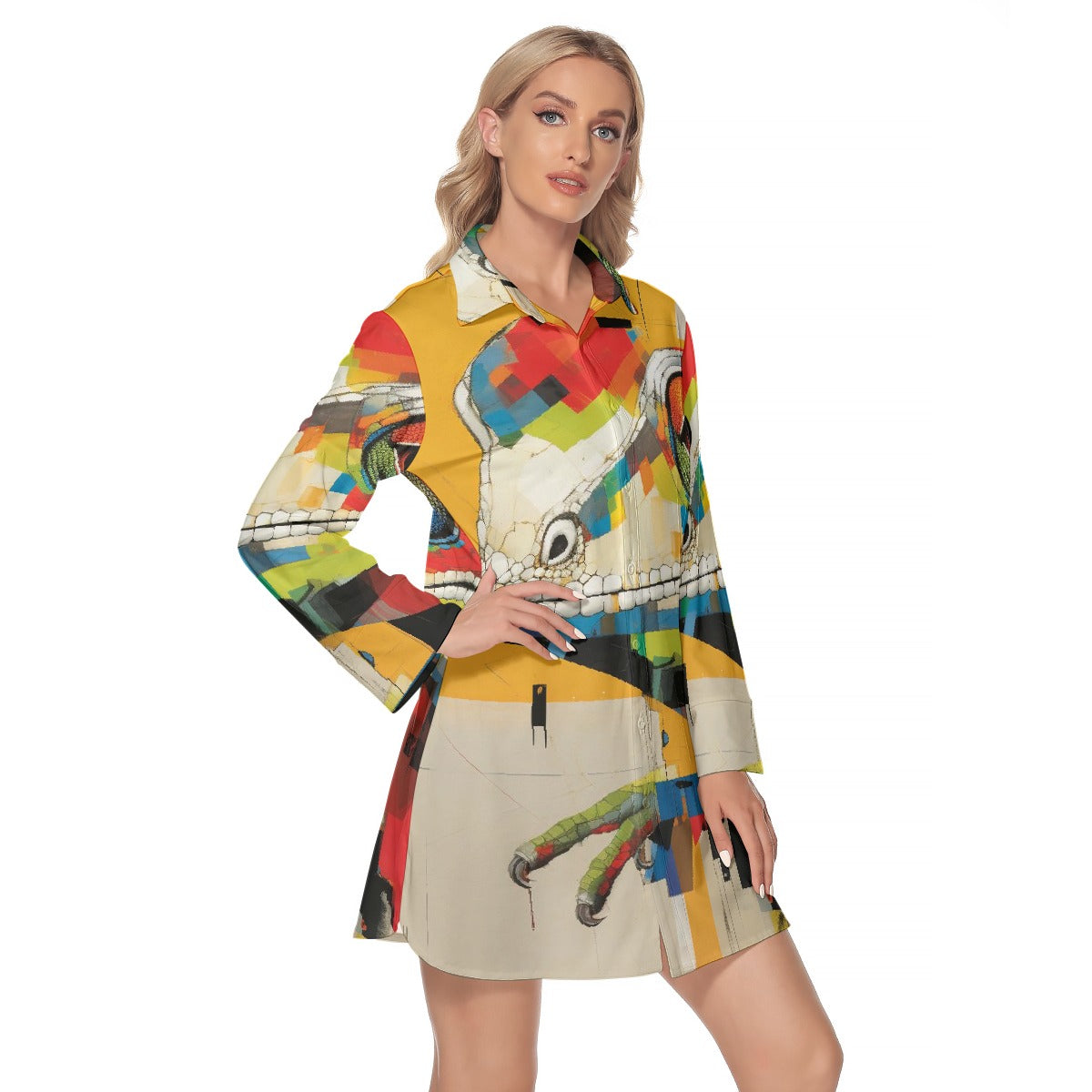 All-Over Print Women's Lapel Shirt Dress With Long Sleeve