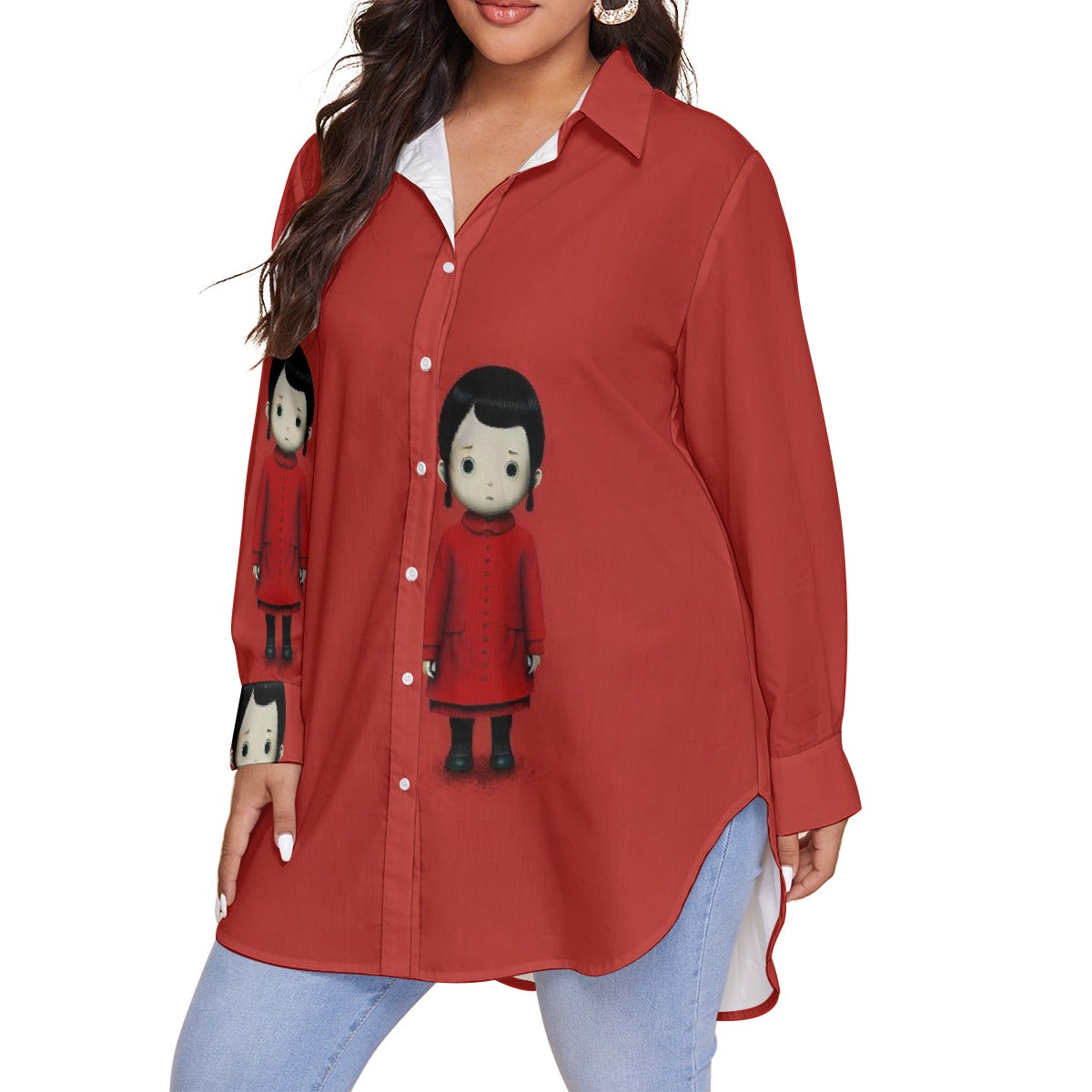 All-Over Print Women's Shirt With Long Sleeve(Plus Size)