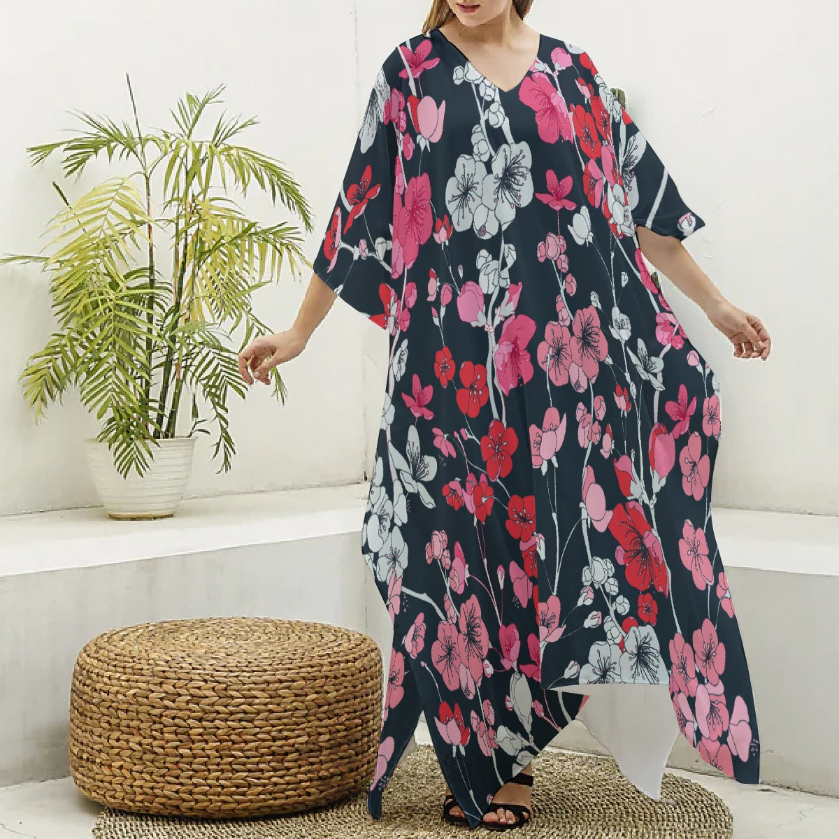 All-Over Print Women's Imitation Silk V-neck Kaftan Robe