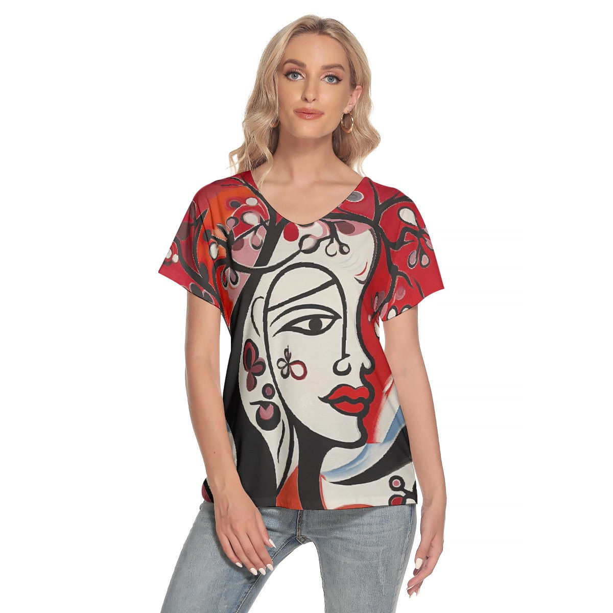 All-Over Print Women's Loose V-neck Short Sleeve T-shirt