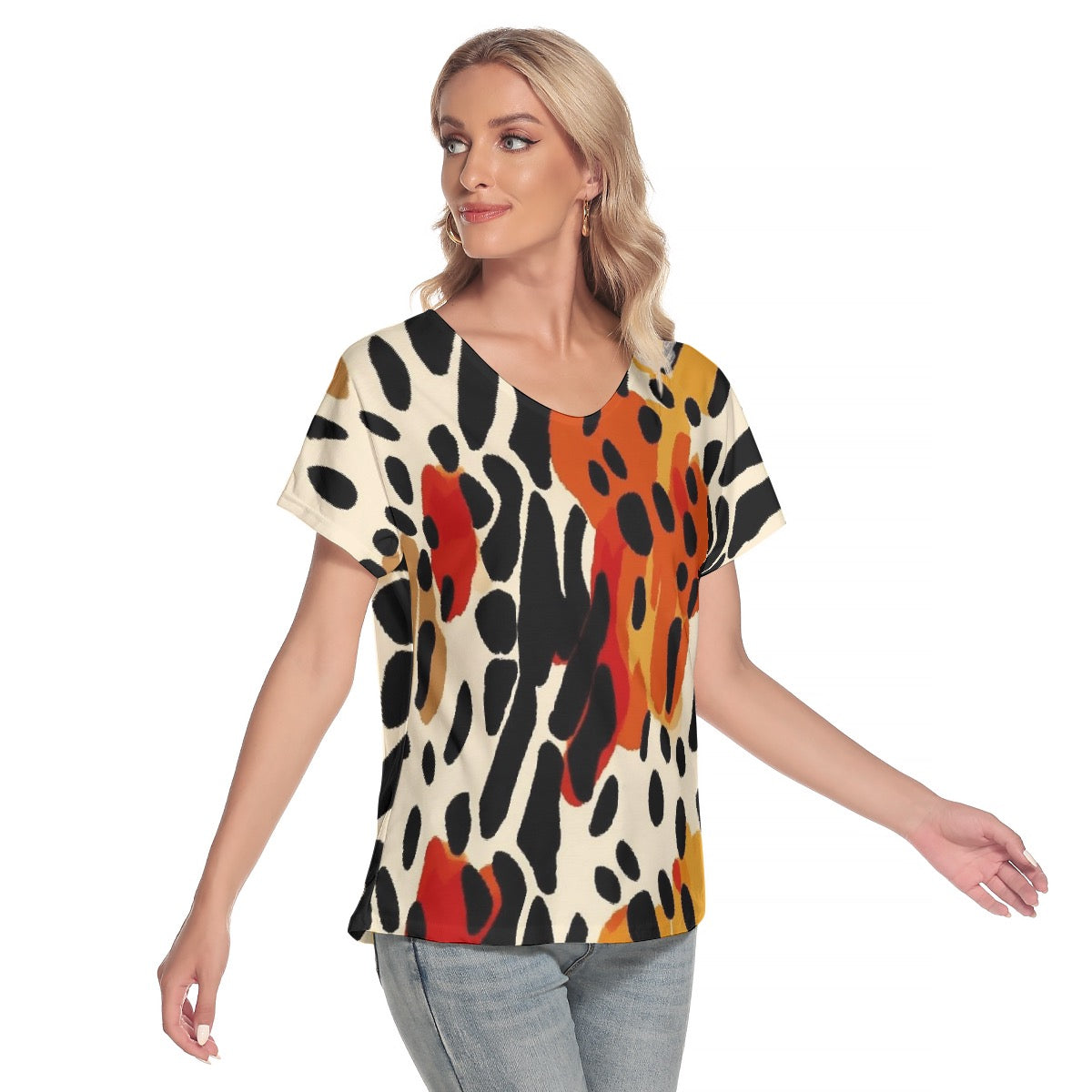 All-Over Print Women's Loose V-neck Short Sleeve T-shirt