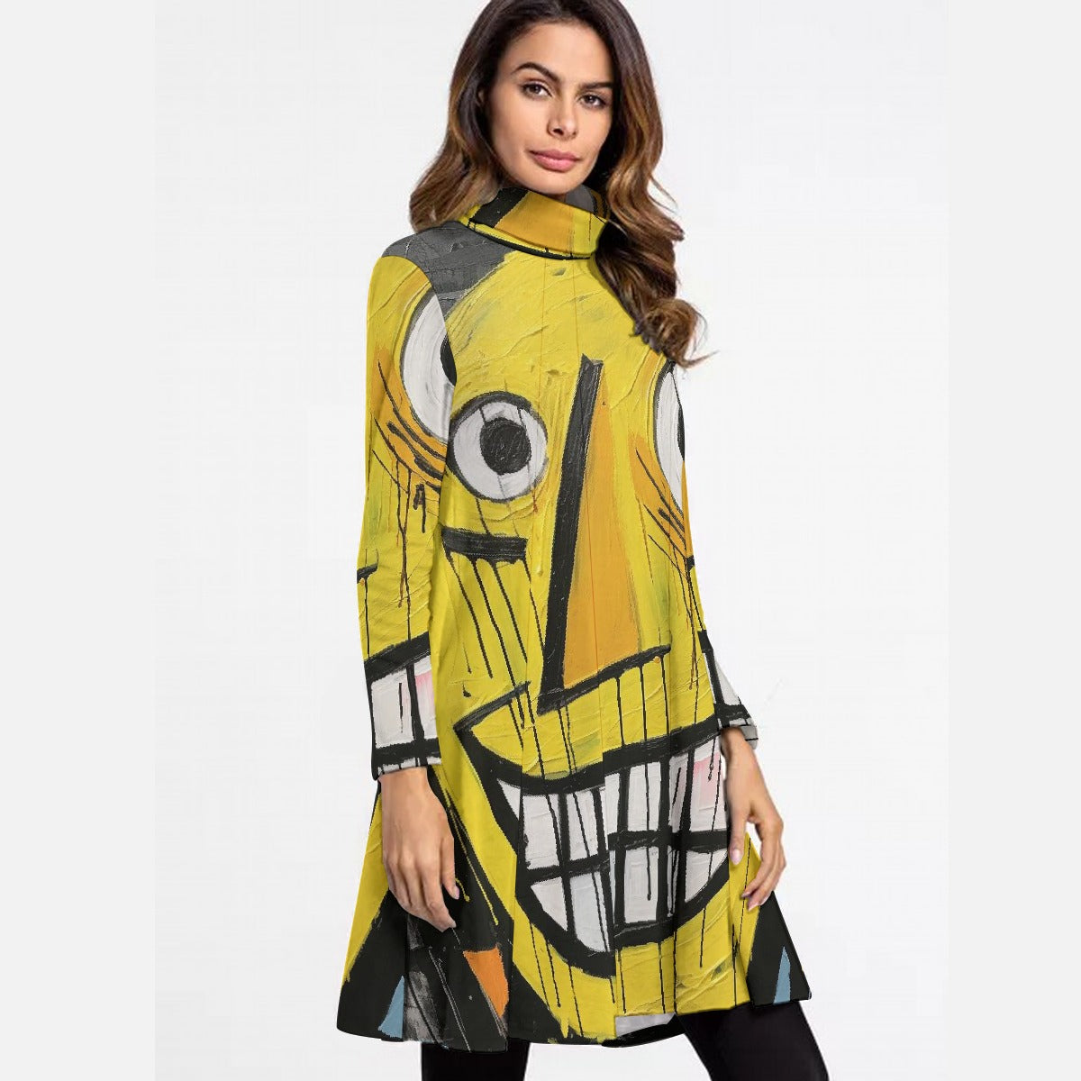 All-Over Print Women's High Neck Dress With Long Sleeve