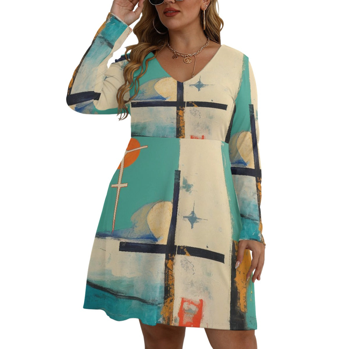 All-Over Print Women's V-neck Long Sleeve Dress(Plus Size)