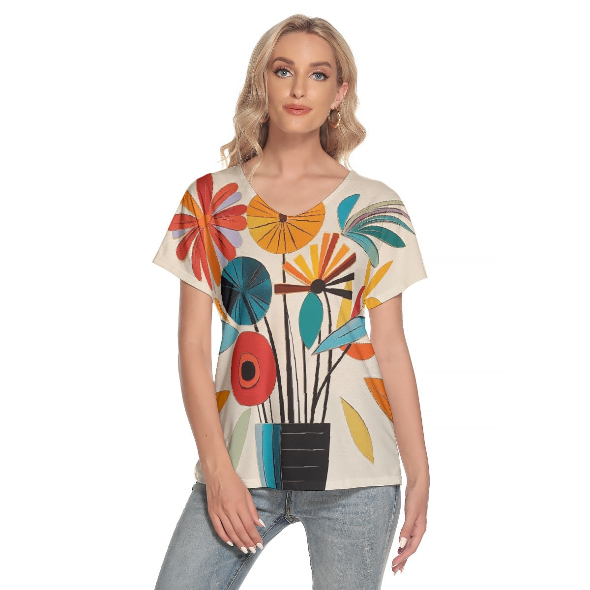 All-Over Print Women's Loose V-neck Short Sleeve T-shirt