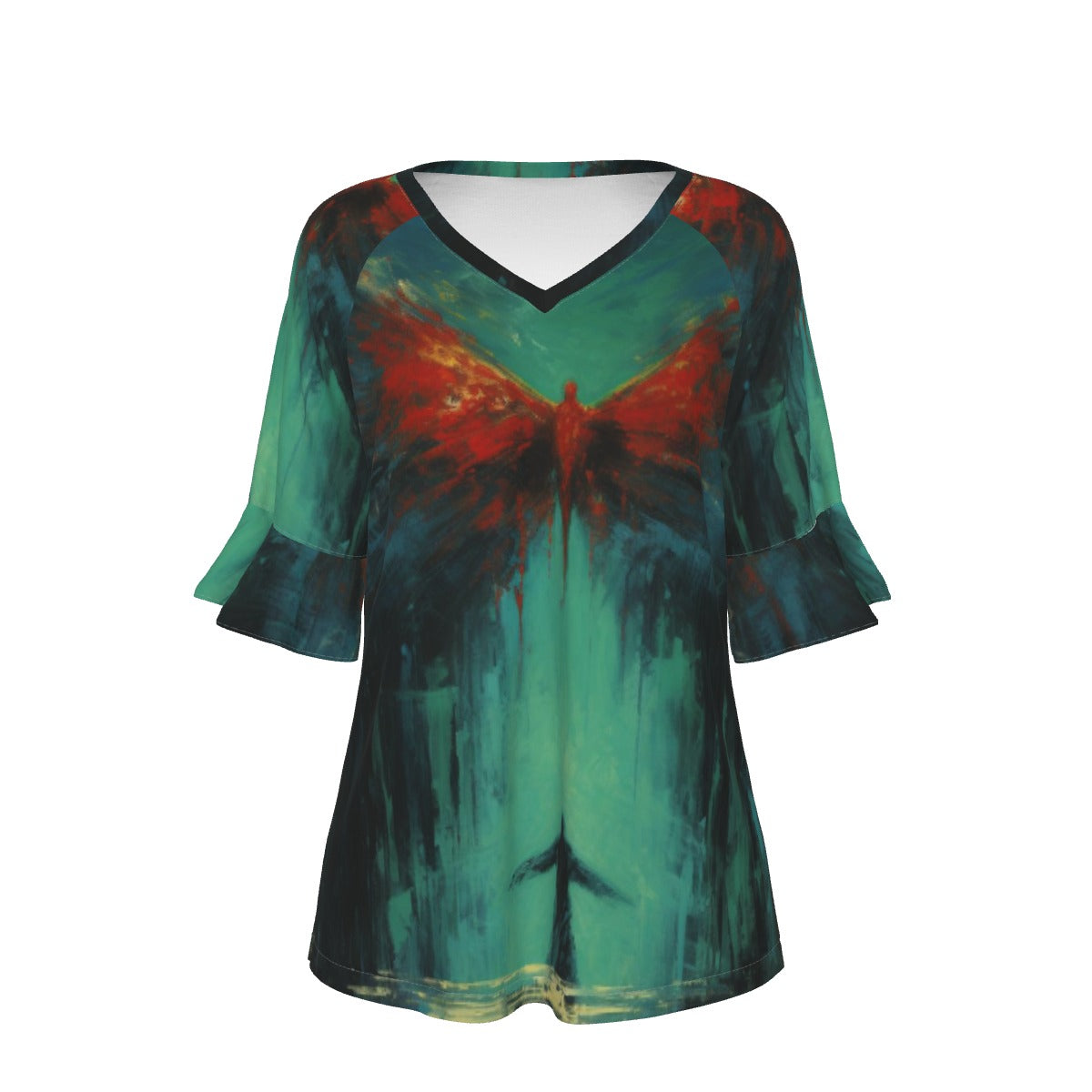 All-Over Print V-neck Women's T-shirt With Bell Sleeve