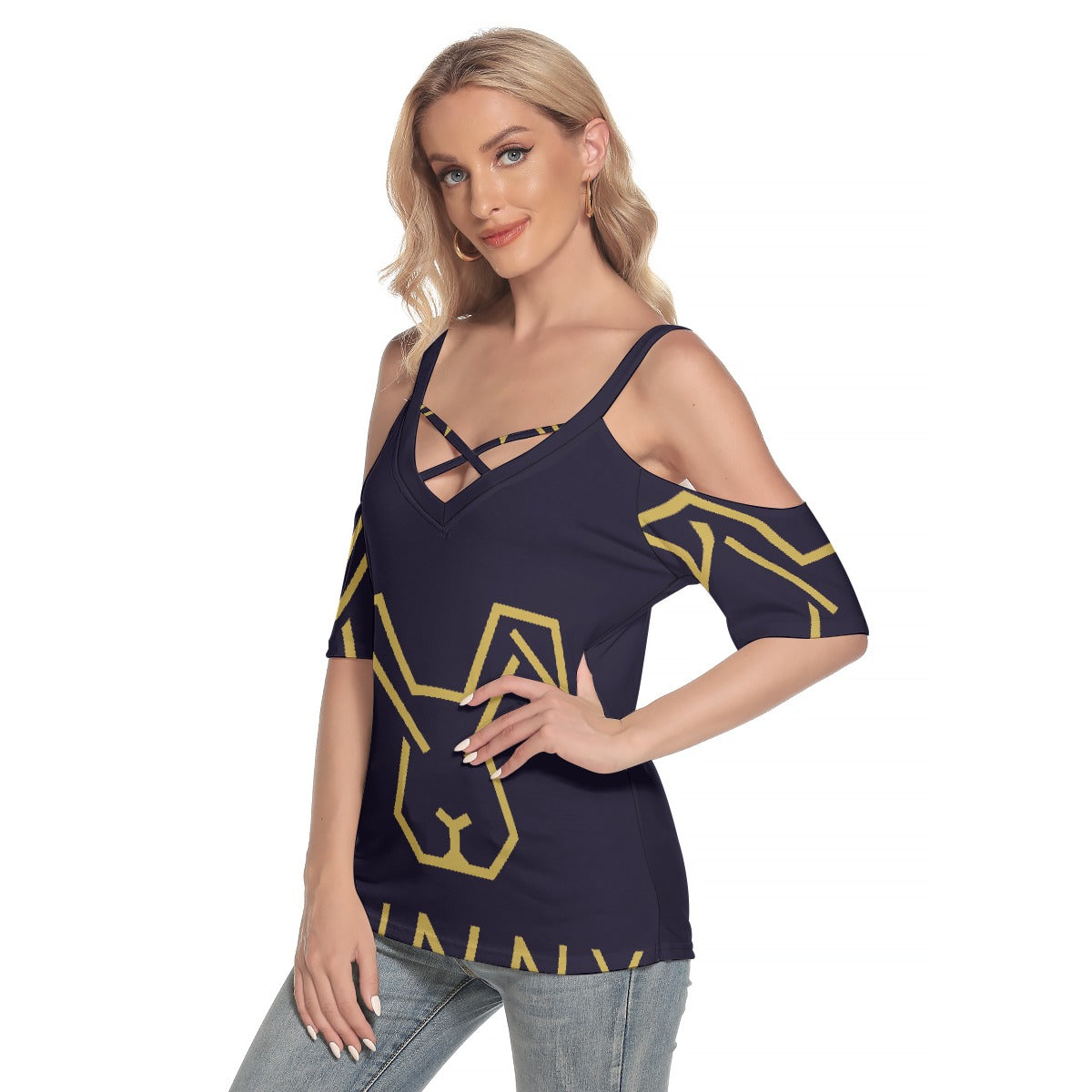 All-Over Print Women's Cold Shoulder T-shirt With Criss Cross Strips