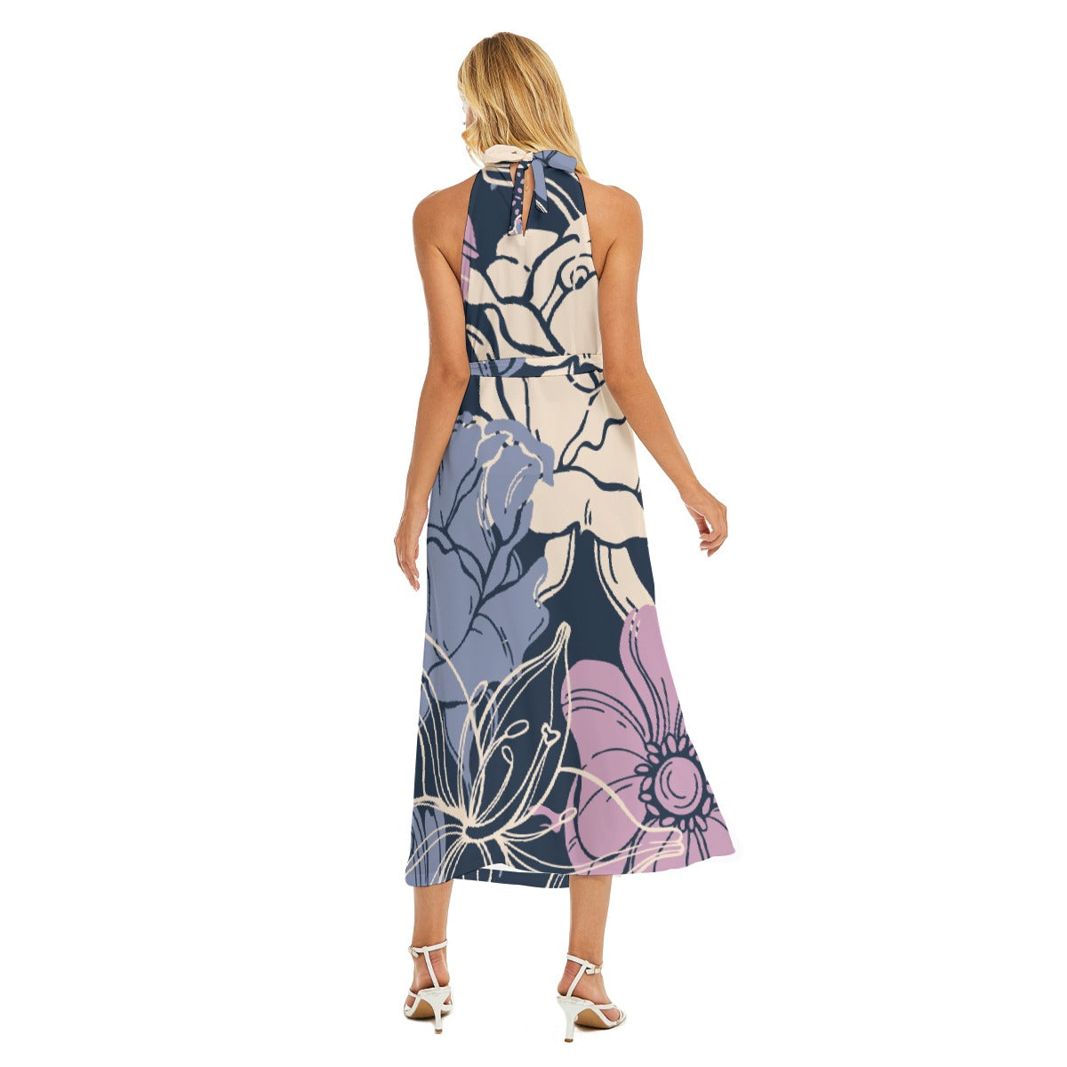 All-Over Print Women's Wrap Hem Belted Halter Dress