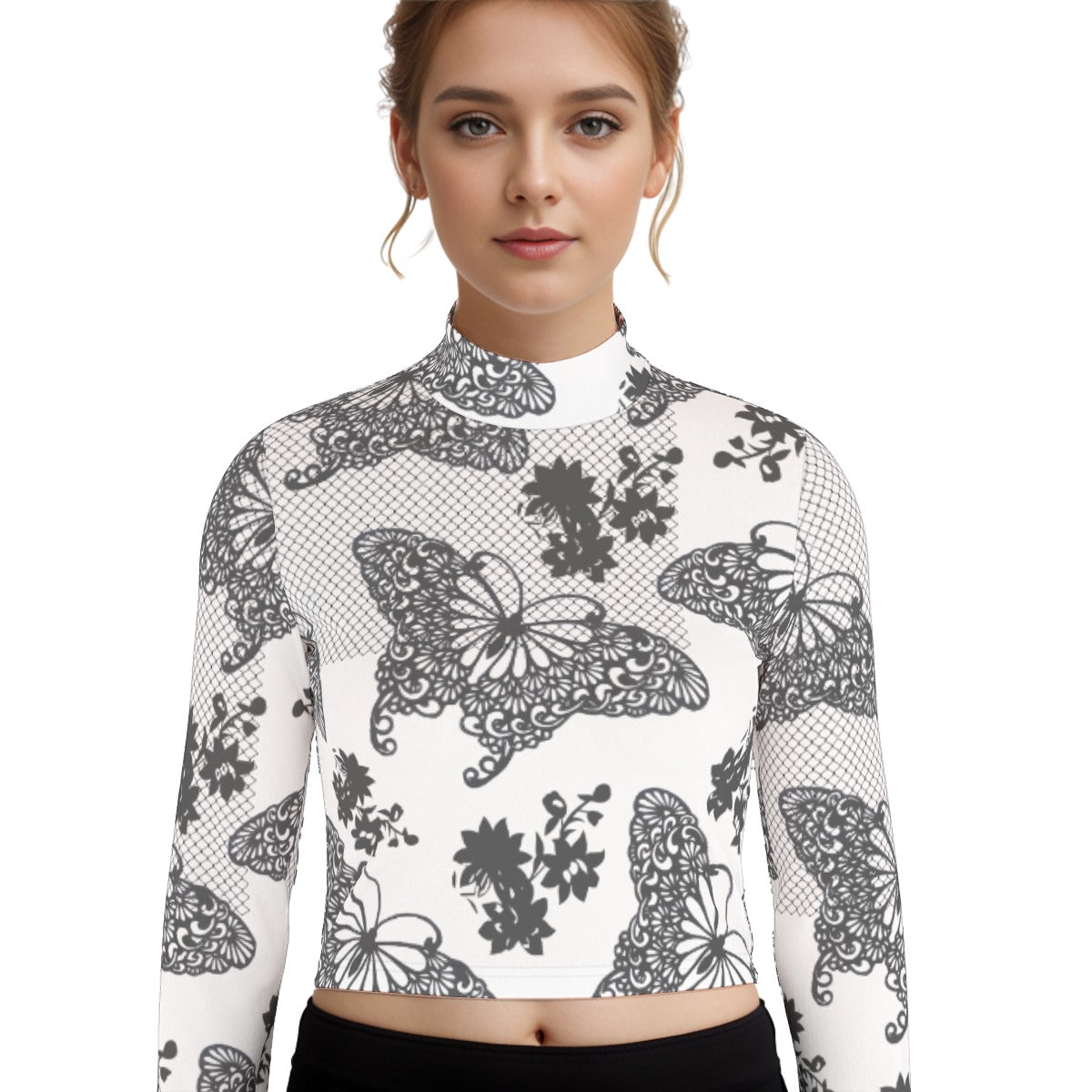 Eco-Friendly All-Over Print Women's Turtleneck T-shirt With Long Sleeve