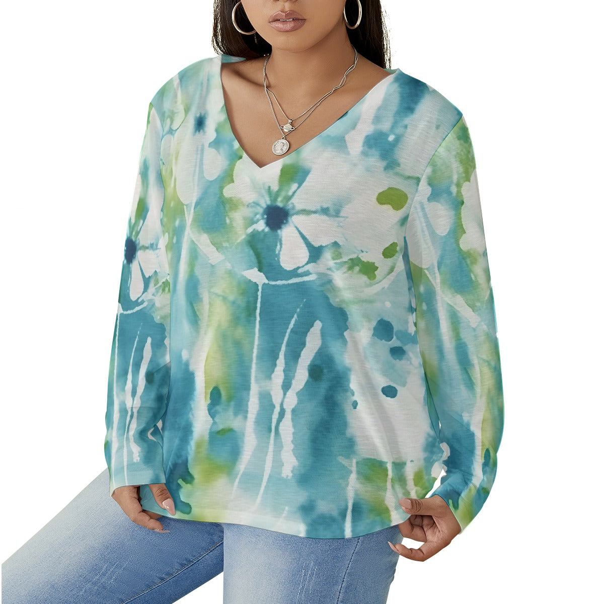 All-Over Print Women's V-neck T-shirt With Curved Hem(Plus Size)