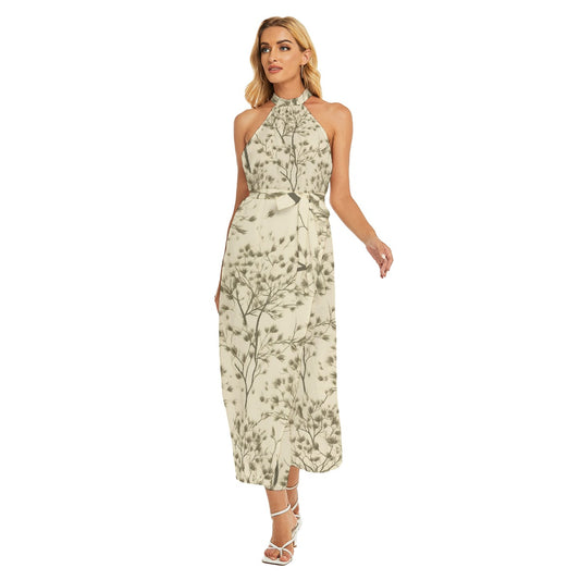 All-Over Print Women's Wrap Hem Belted Halter Dress