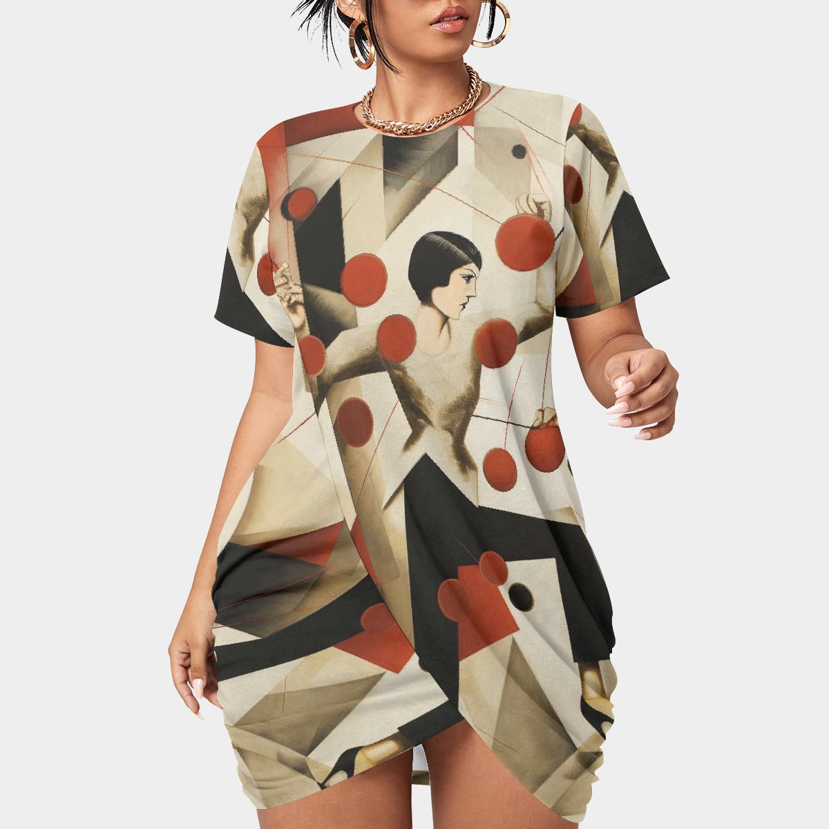 All-Over Print Women’s Stacked Hem Dress With Short Sleeve（Plus Size）