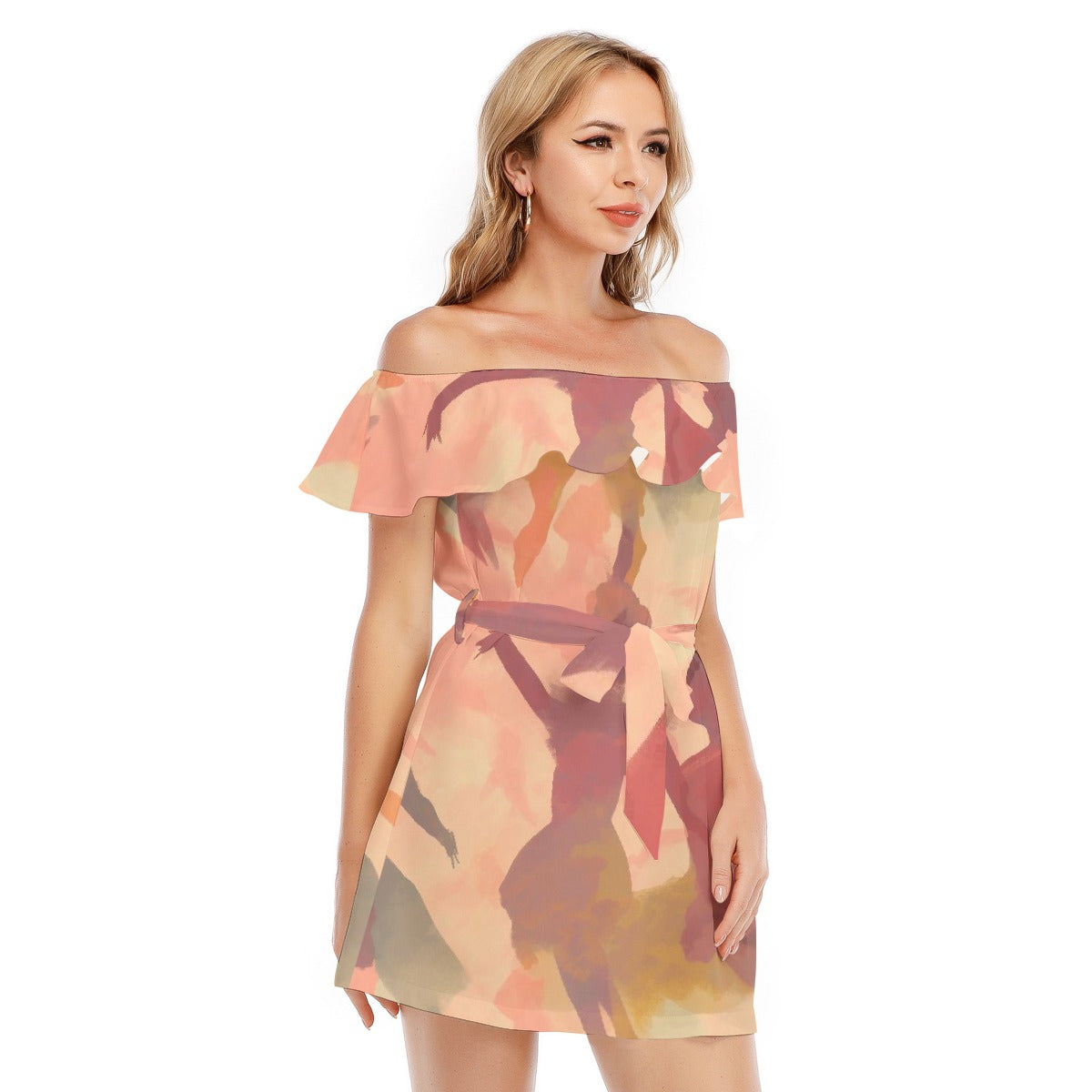 All-Over Print Women's Off-shoulder Dress With Ruffle