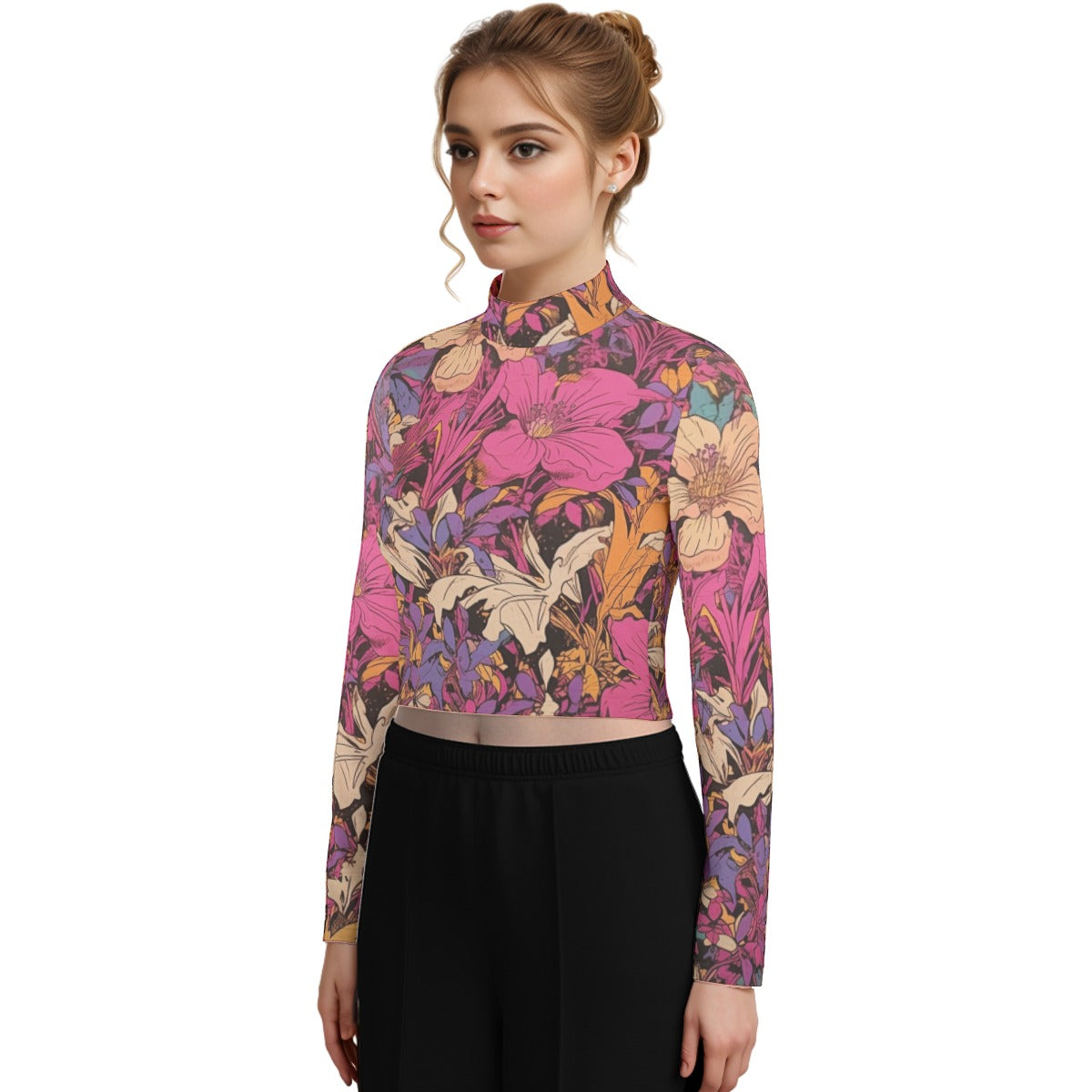 Eco-Friendly All-Over Print Women's Turtleneck T-shirt With Long Sleeve