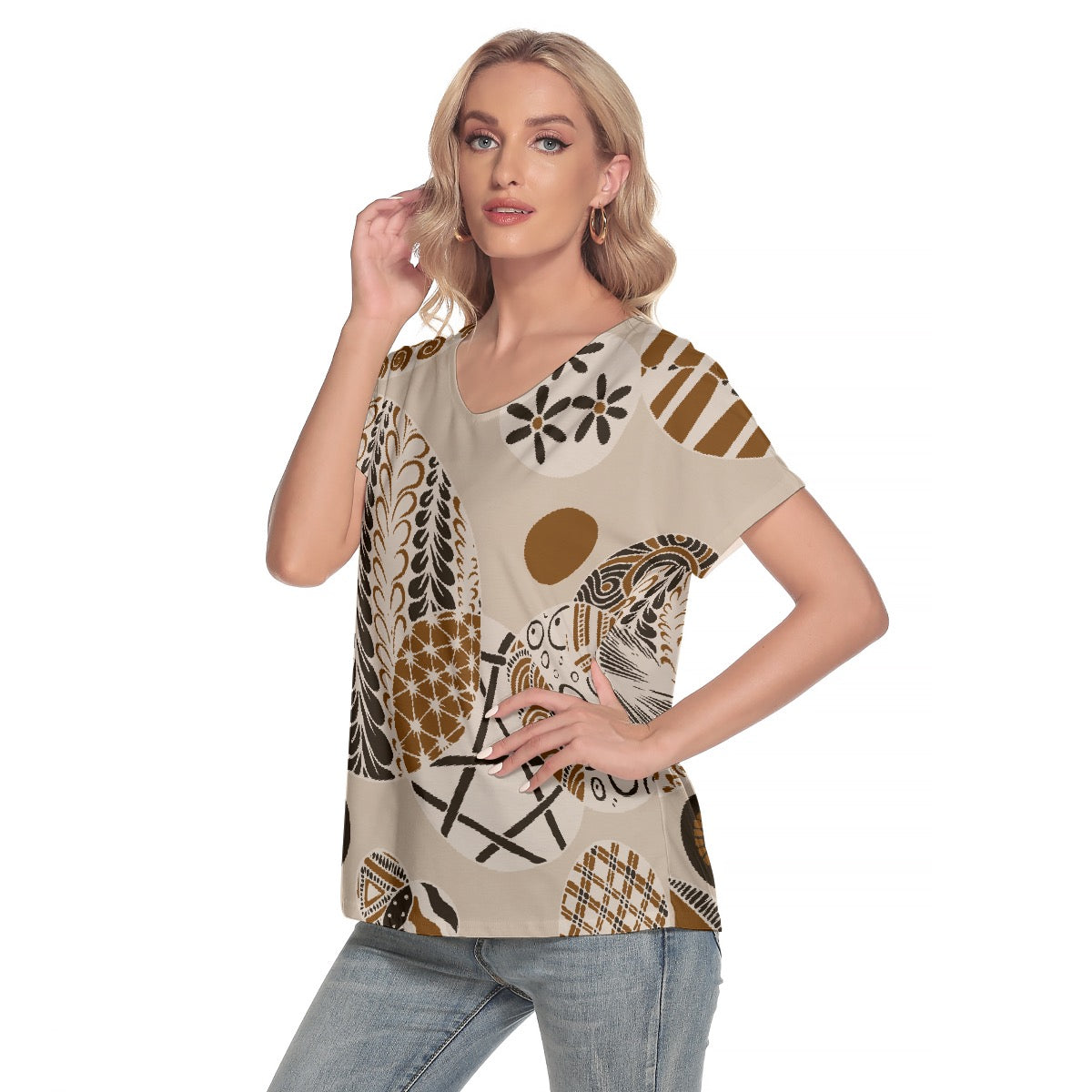 All-Over Print Women's Loose V-neck Short Sleeve T-shirt