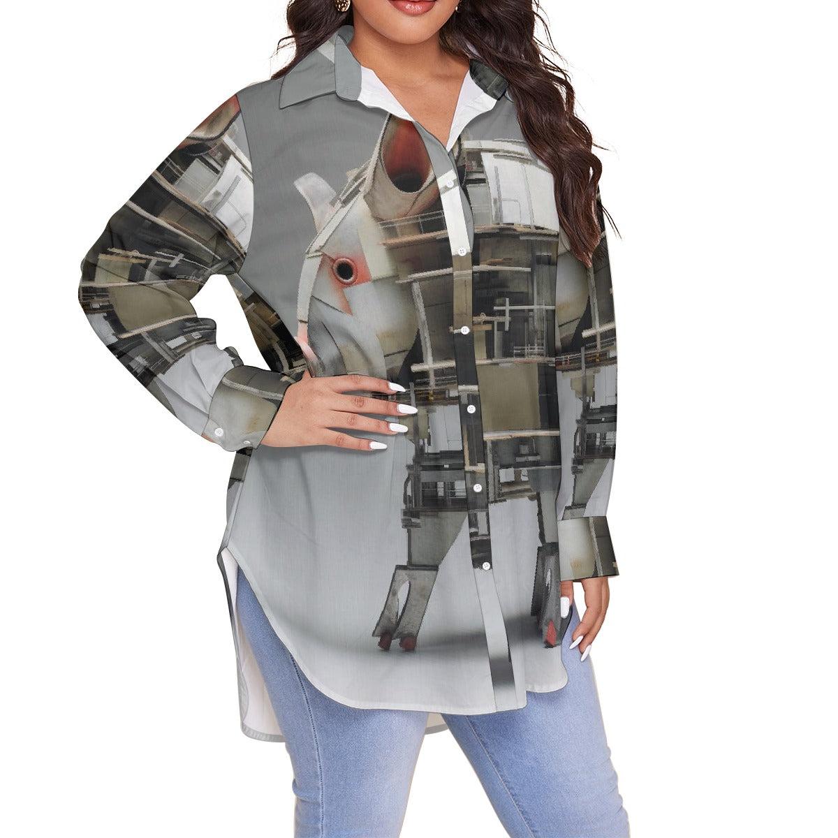 All-Over Print Women's Shirt With Long Sleeve(Plus Size)