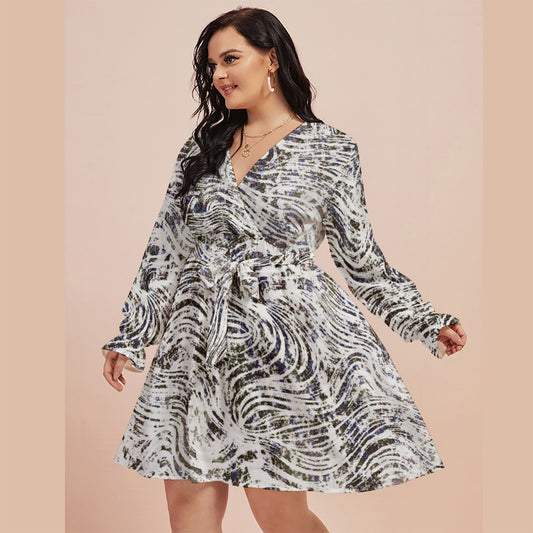 All-Over Print Women's V-neck Dress With Waistband(Plus Size)