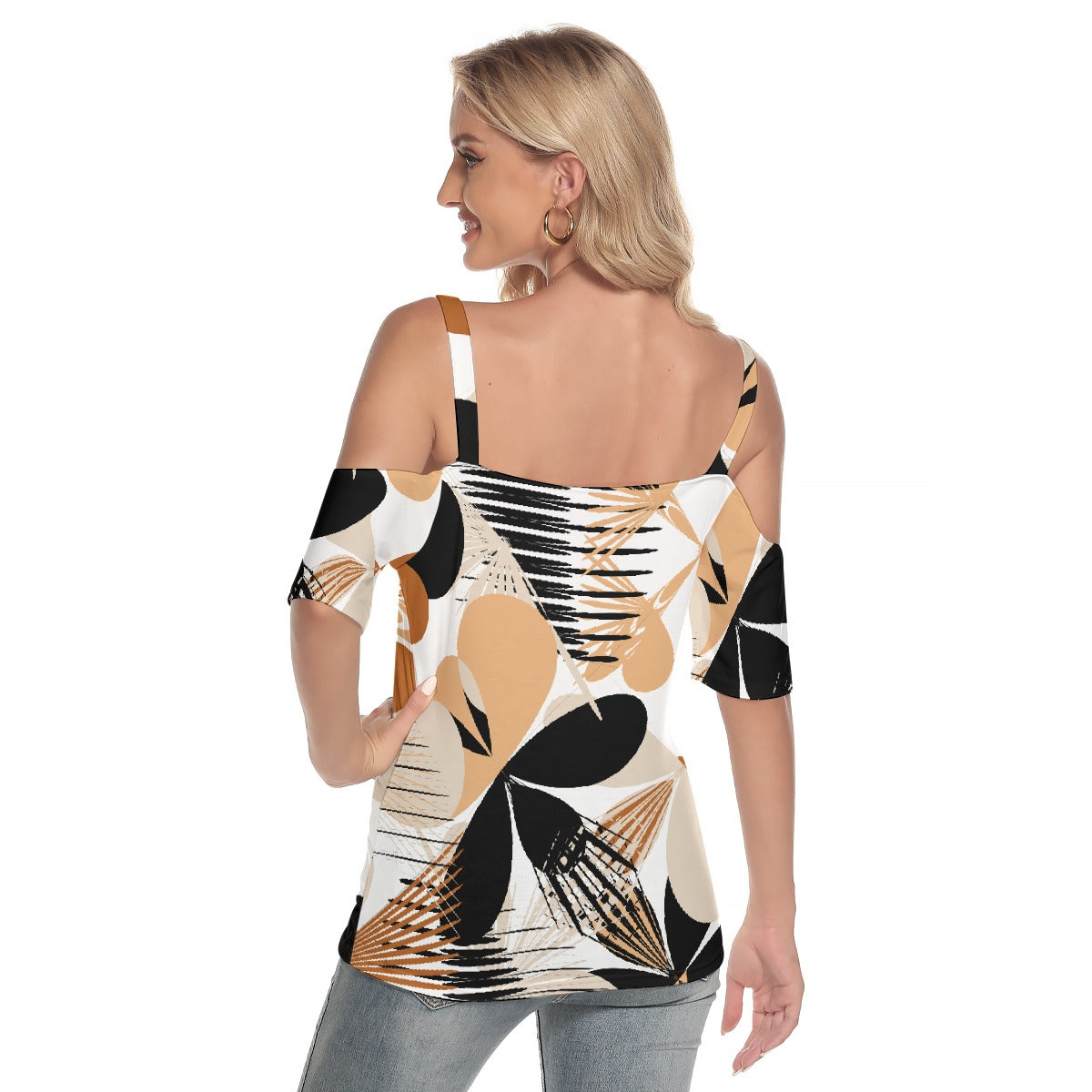 All-Over Print Women's Cold Shoulder T-shirt With Criss Cross Strips