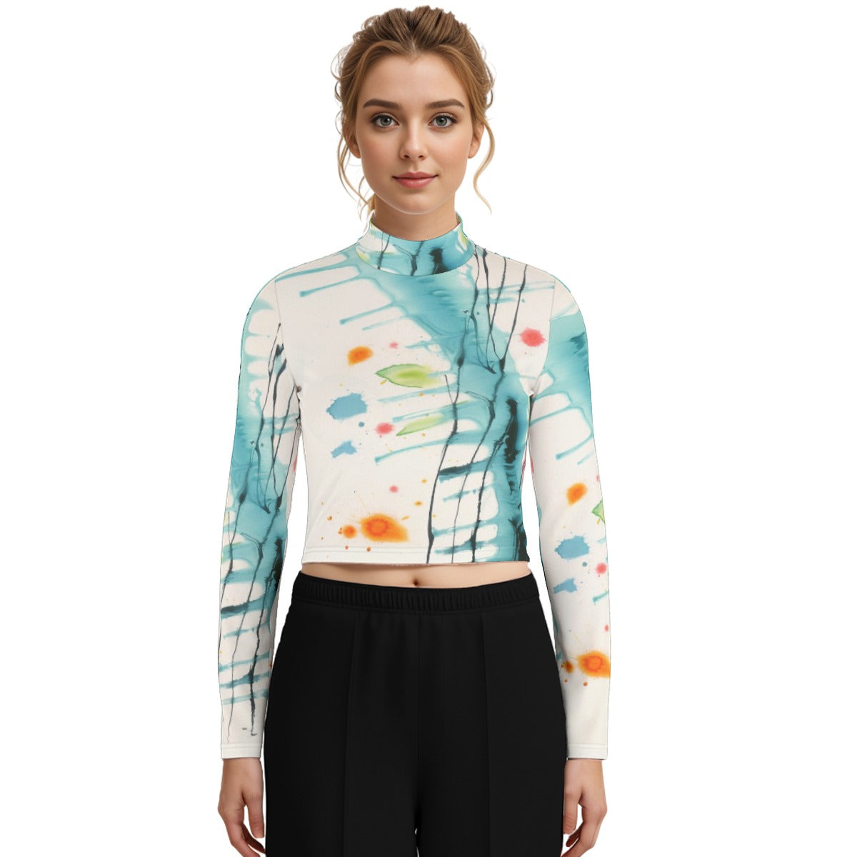 Eco-Friendly All-Over Print Women's Turtleneck T-shirt With Long Sleeve