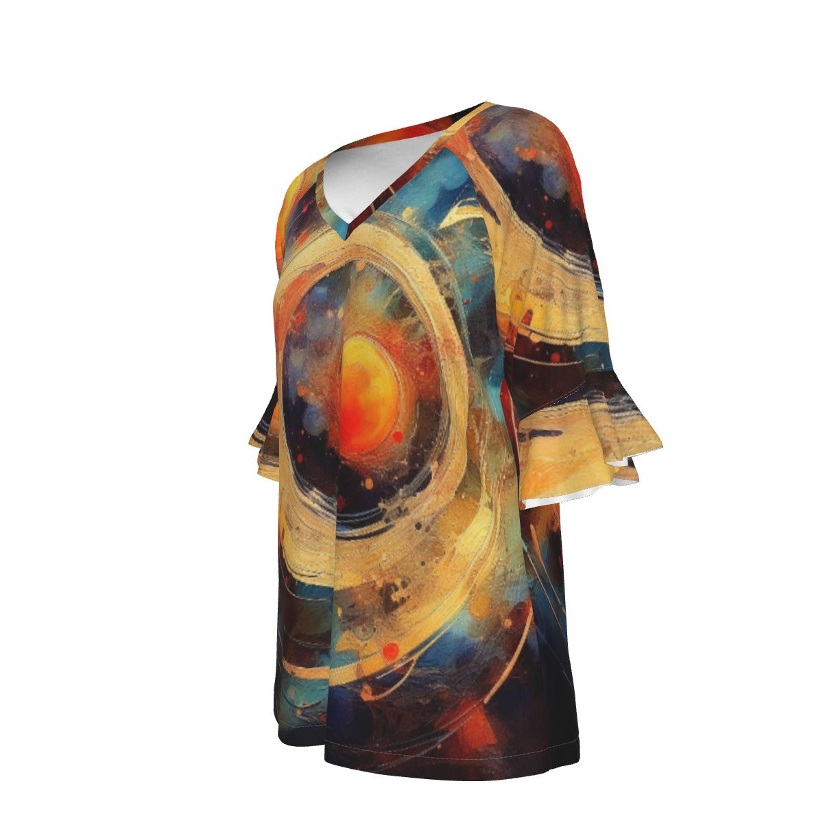 All-Over Print V-neck Women's T-shirt With Bell Sleeve