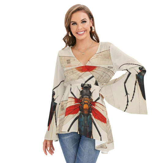 All-Over Print Women's V-neck Blouse With Flared Sleeves