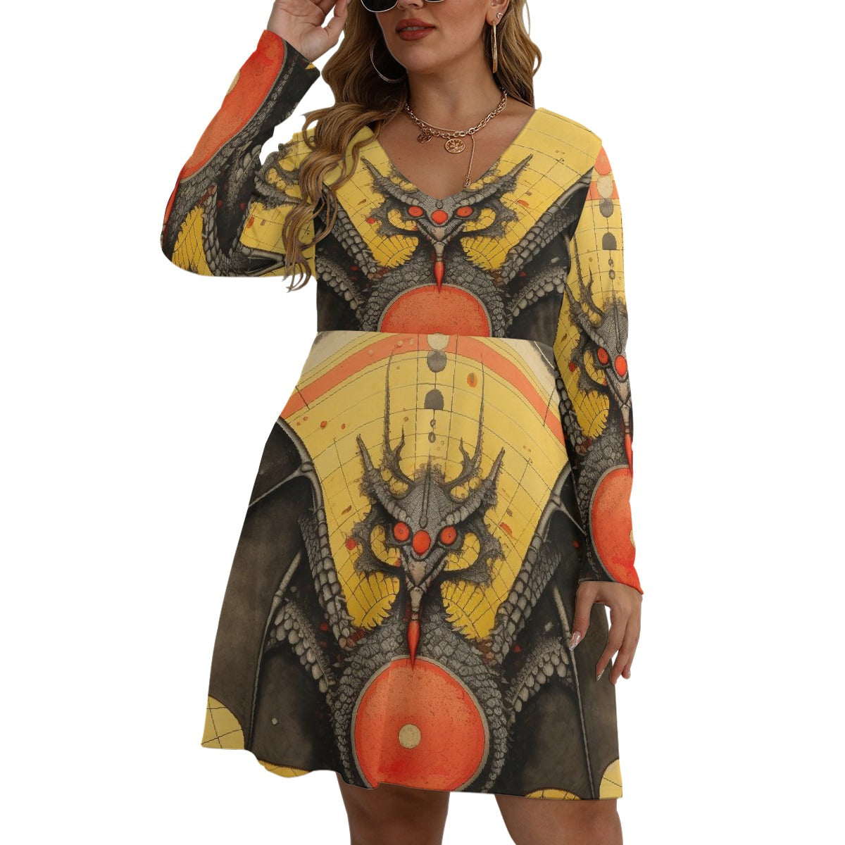 All-Over Print Women's V-neck Long Sleeve Dress(Plus Size)