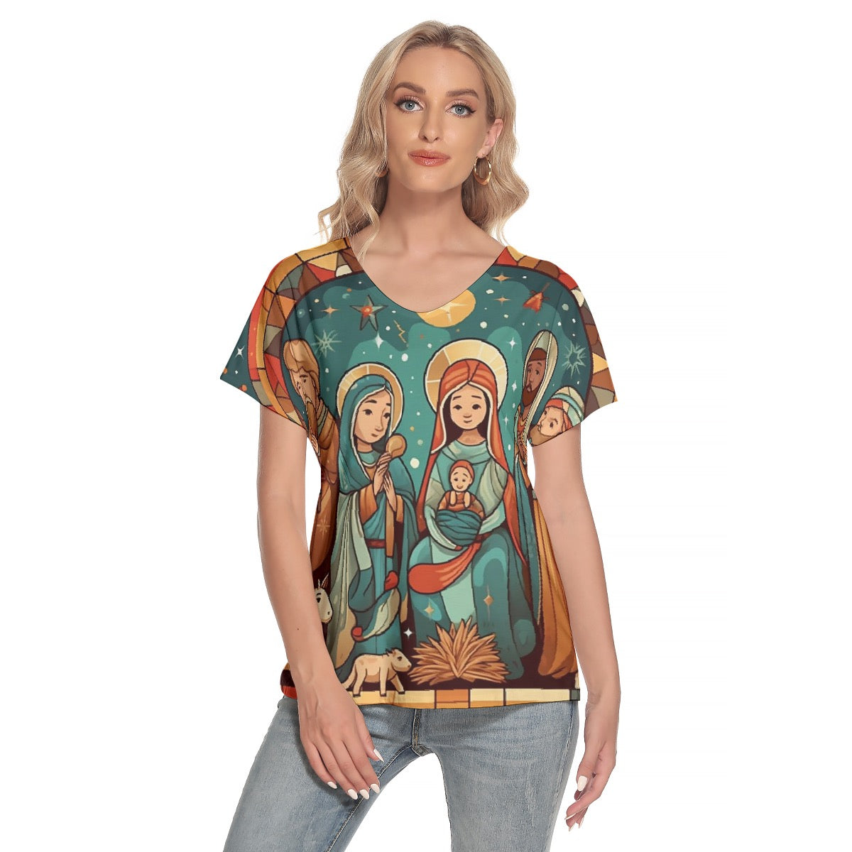 All-Over Print Women's Loose V-neck Short Sleeve T-shirt