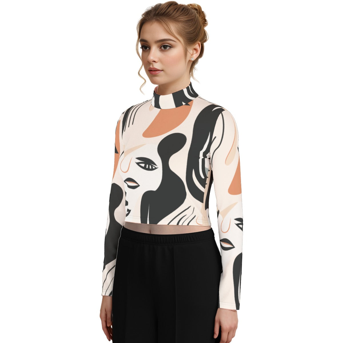 Eco-Friendly All-Over Print Women's Turtleneck T-shirt With Long Sleeve