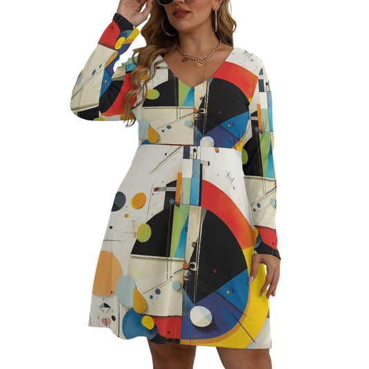 All-Over Print Women's V-neck Long Sleeve Dress(Plus Size)