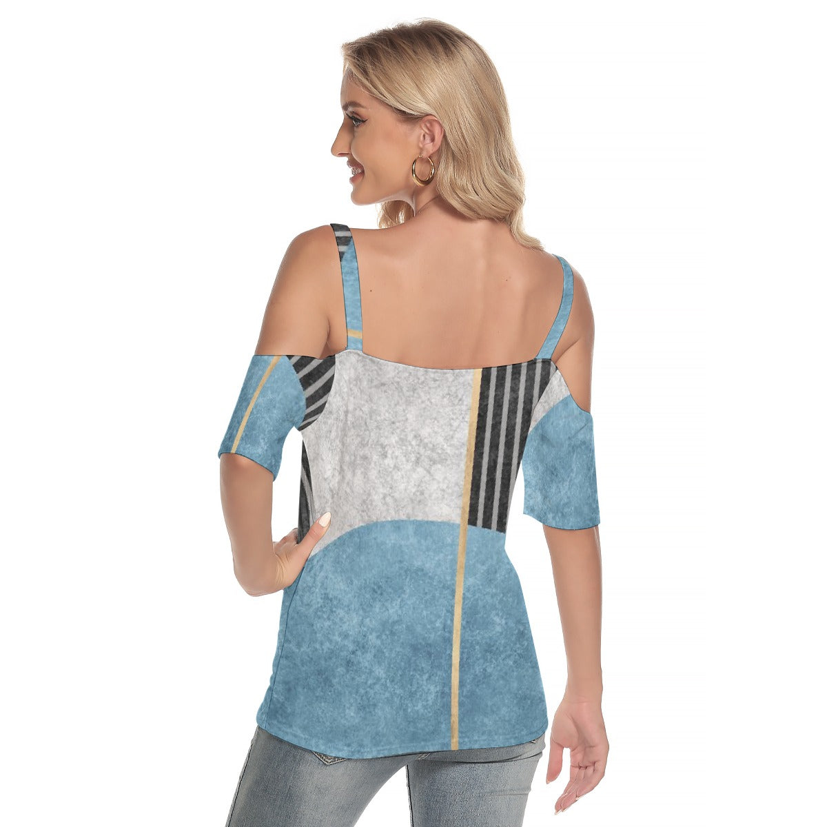 All-Over Print Women's Cold Shoulder T-shirt With Criss Cross Strips