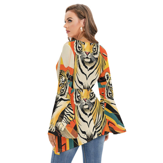 All-Over Print Women's V-neck Blouse With Flared Sleeves