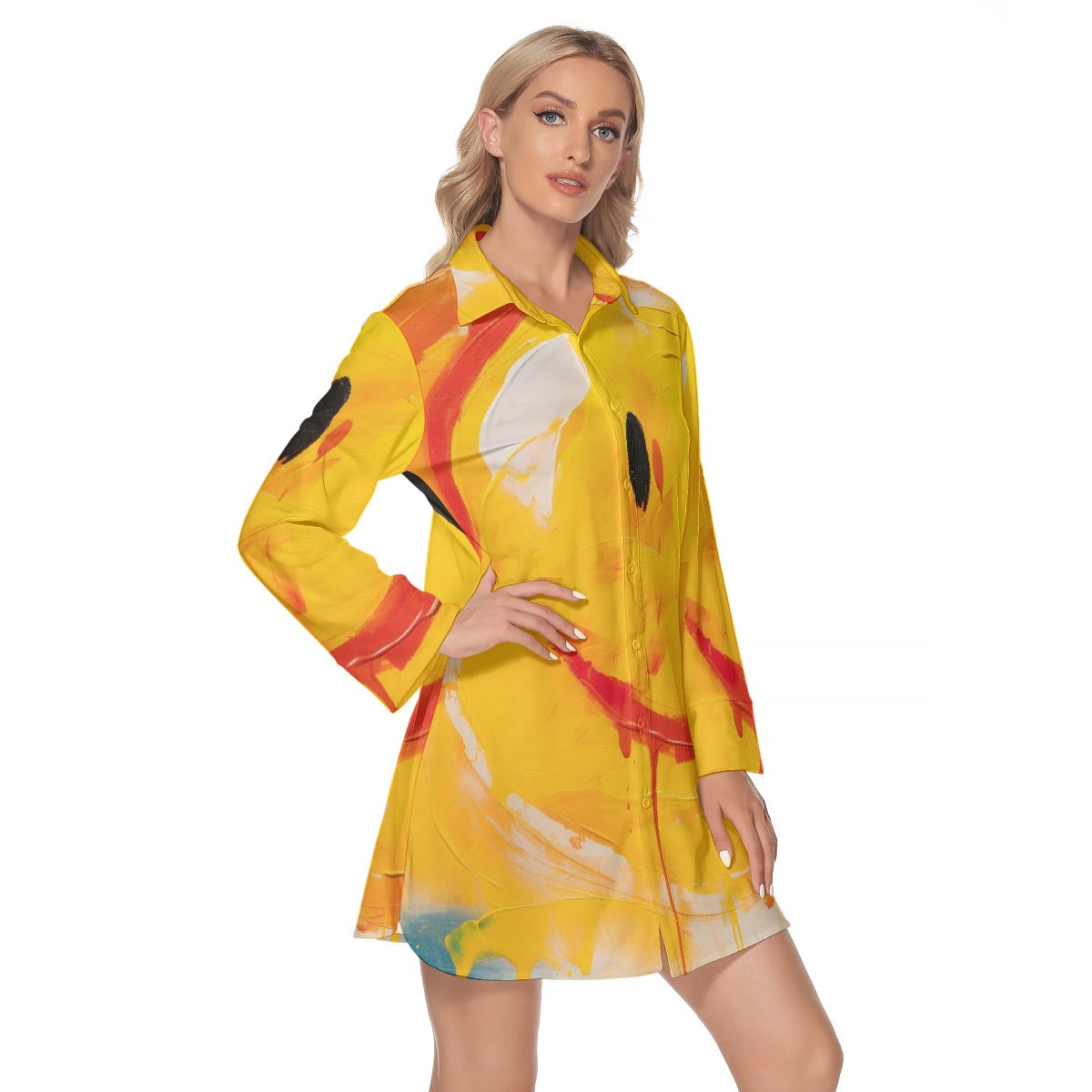 All-Over Print Women's Lapel Shirt Dress With Long Sleeve