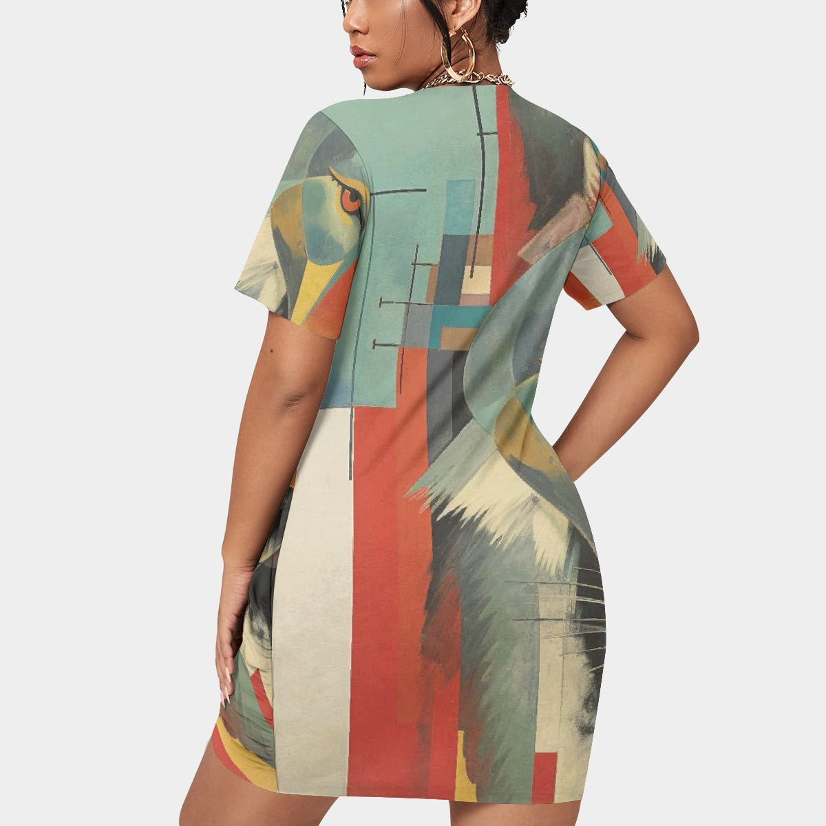 All-Over Print Women’s Stacked Hem Dress With Short Sleeve（Plus Size）