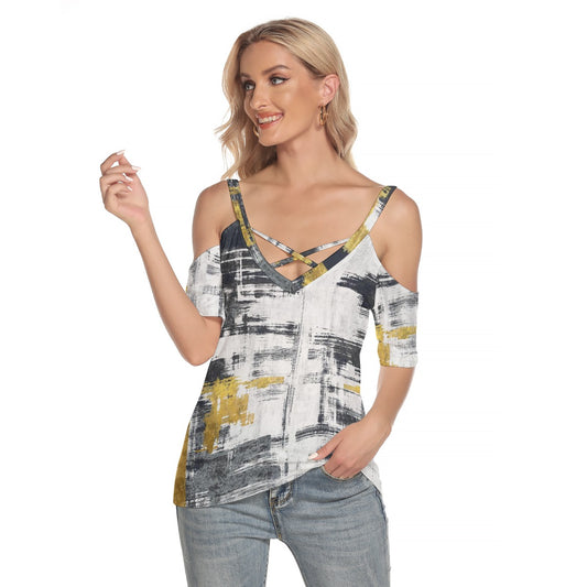 All-Over Print Women's Cold Shoulder T-shirt With Criss Cross Strips