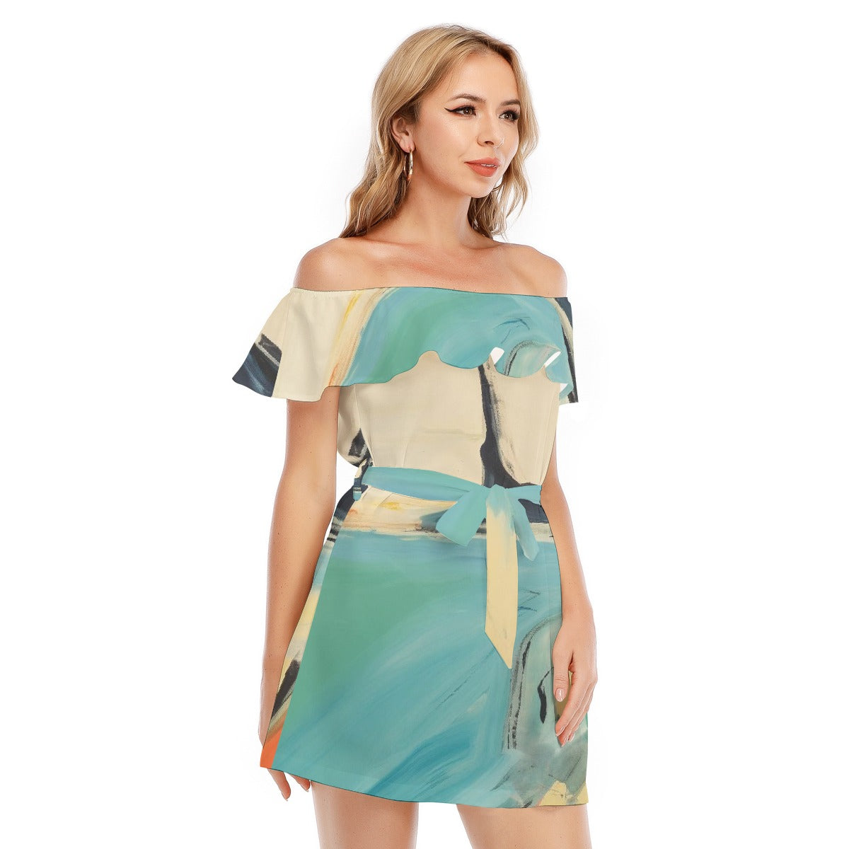 All-Over Print Women's Off-shoulder Dress With Ruffle