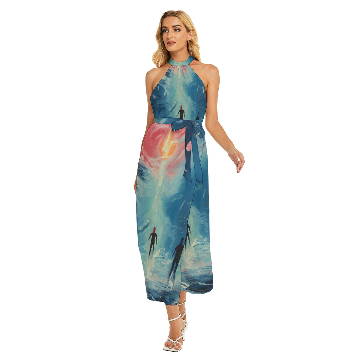 All-Over Print Women's Wrap Hem Belted Halter Dress