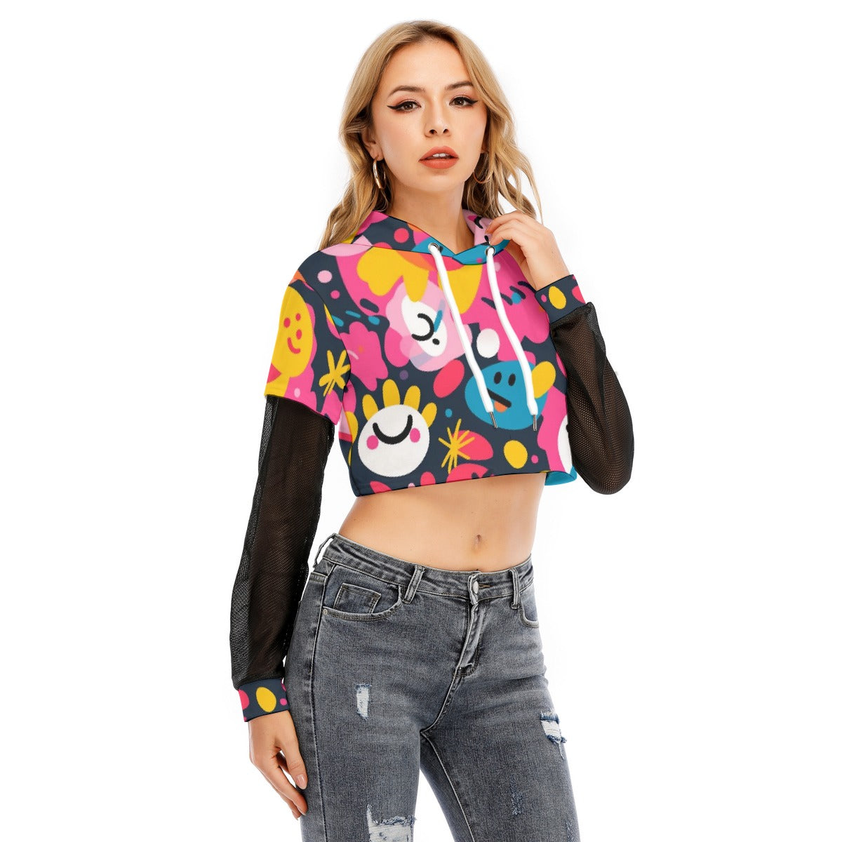 All-Over Print Women's Fake Two-piece Mesh Sleeve Cropped Hoodie