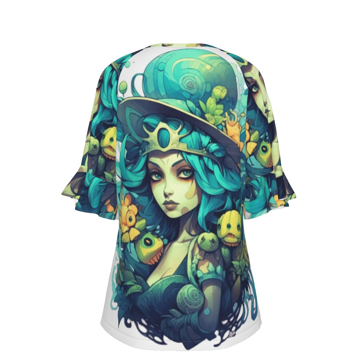 All-Over Print V-neck Women's T-shirt With Bell Sleeve