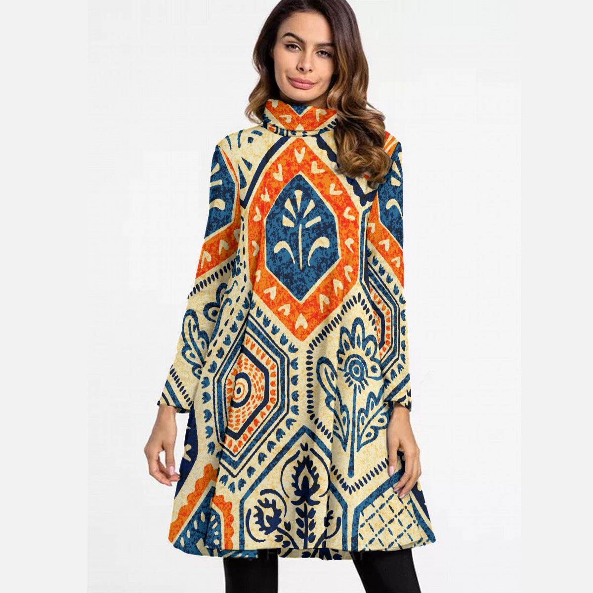 All-Over Print Women's High Neck Dress With Long Sleeve