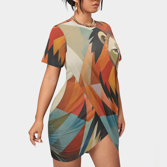 All-Over Print Women’s Stacked Hem Dress With Short Sleeve（Plus Size）