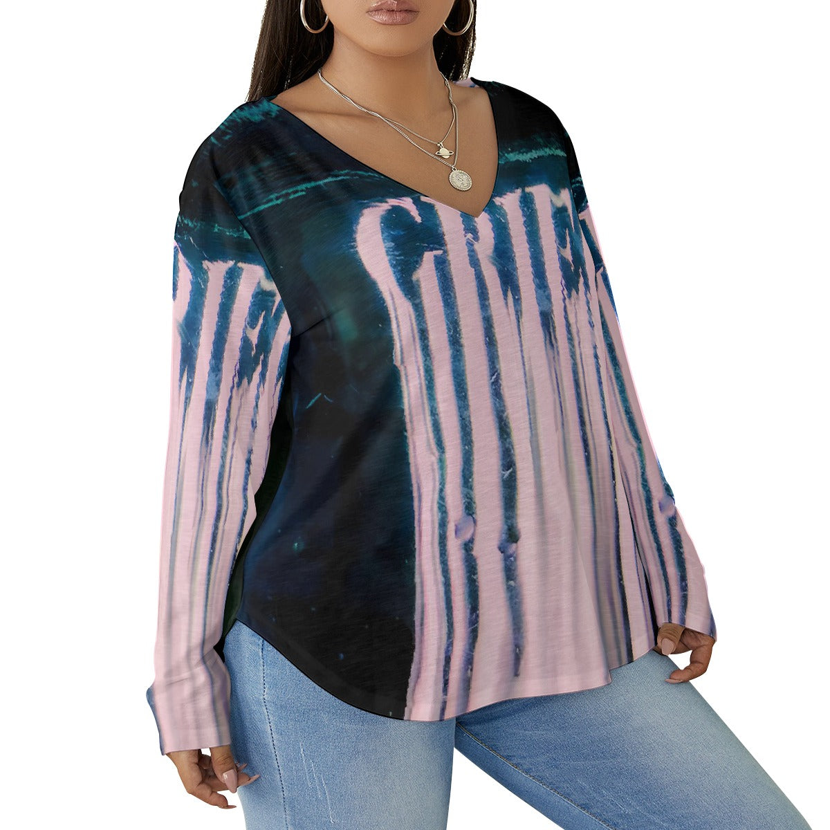 All-Over Print Women's V-neck T-shirt With Curved Hem(Plus Size)