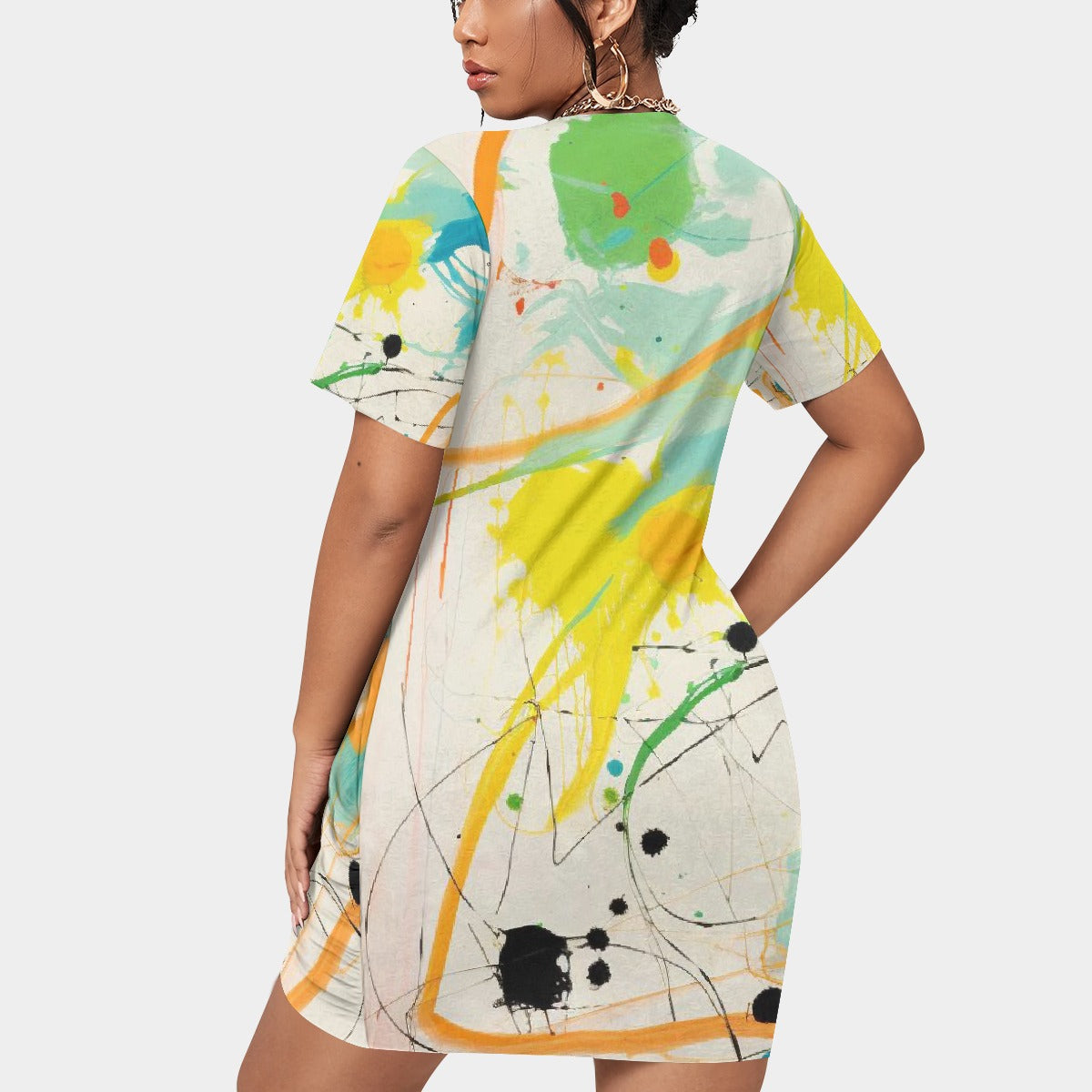 All-Over Print Women’s Stacked Hem Dress With Short Sleeve（Plus Size）